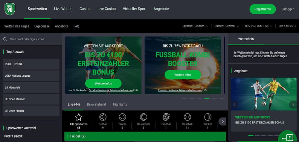 Homepage von Bet90