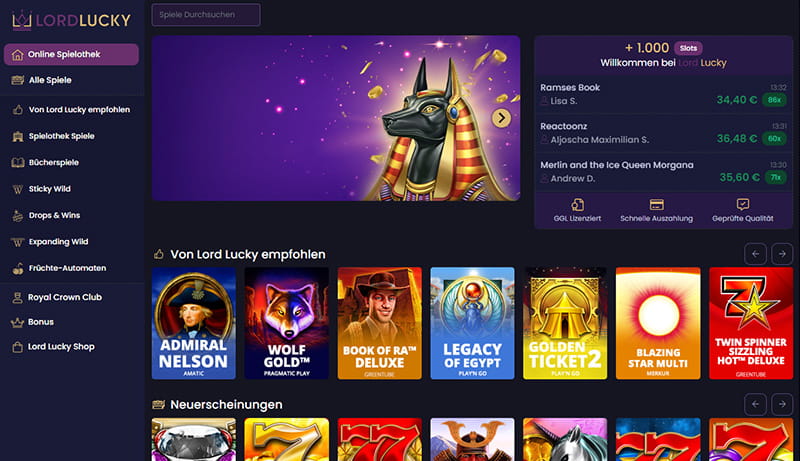Die Startseite von Lord Lucky