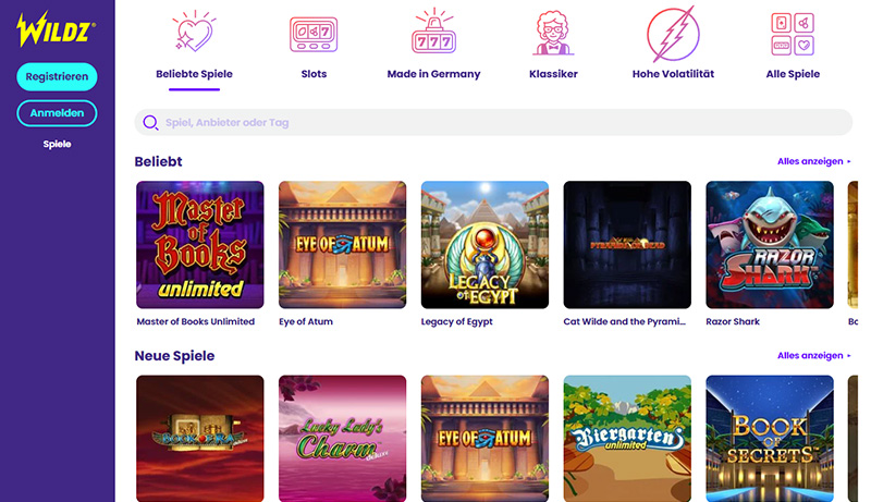Die Startseite des Wildz