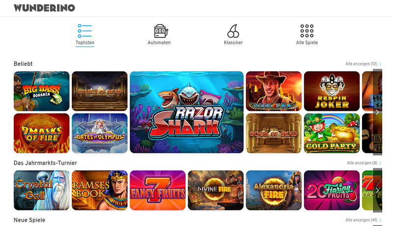 Die Startseite des Wunderino